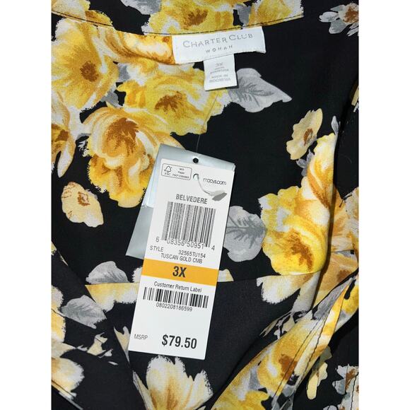 nwt charter club belvedere tuscan gold cmb blouse black yellow flowers womens 3X - Picture 2 of 3